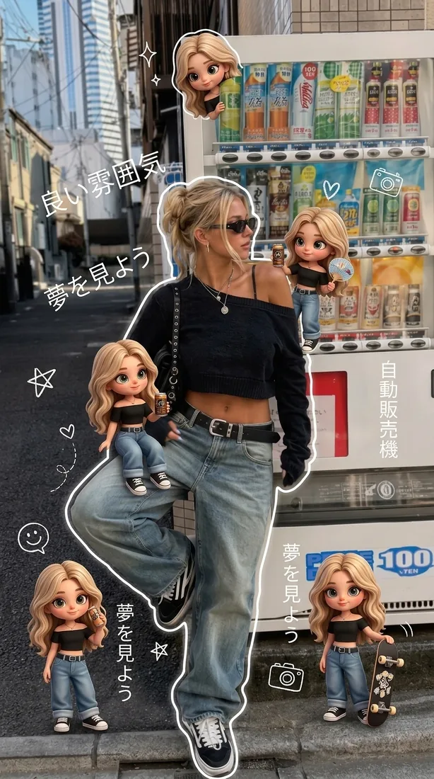 Woman surrounded by chibi figures