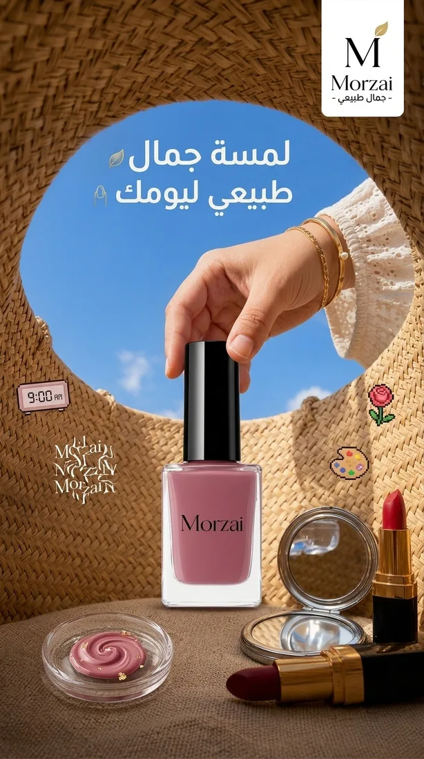 Nail polish advertising scene with a straw hat and cosmetics