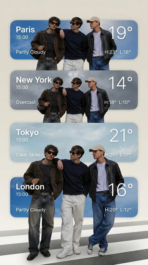 City weather cards featuring the three men