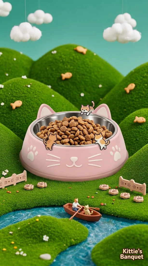Cat-shaped pet bowl in a green miniature landscape